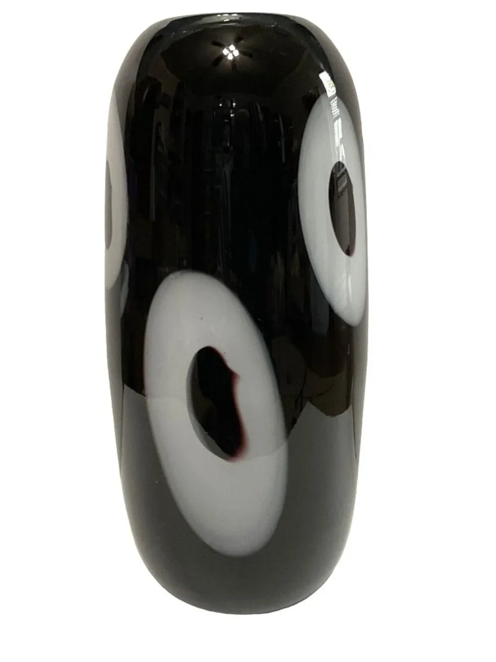 Murano Art Glass Black Cased Glass Vase Hand Blown White Circles Polished 13